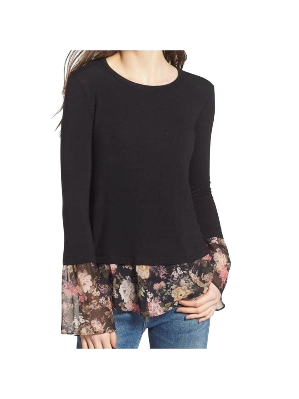 BAILEY 44 Love Story Black Knit Chiffon Trim Sweater Sz Small